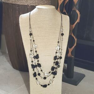 Handcrafted Knotted 3-Strand Black and Clear Vintage Glass Beads Necklace